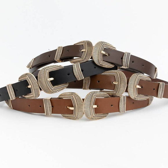 Double Buckle Vegan Leather Western Style Belt Brown - Picture 2 of 2